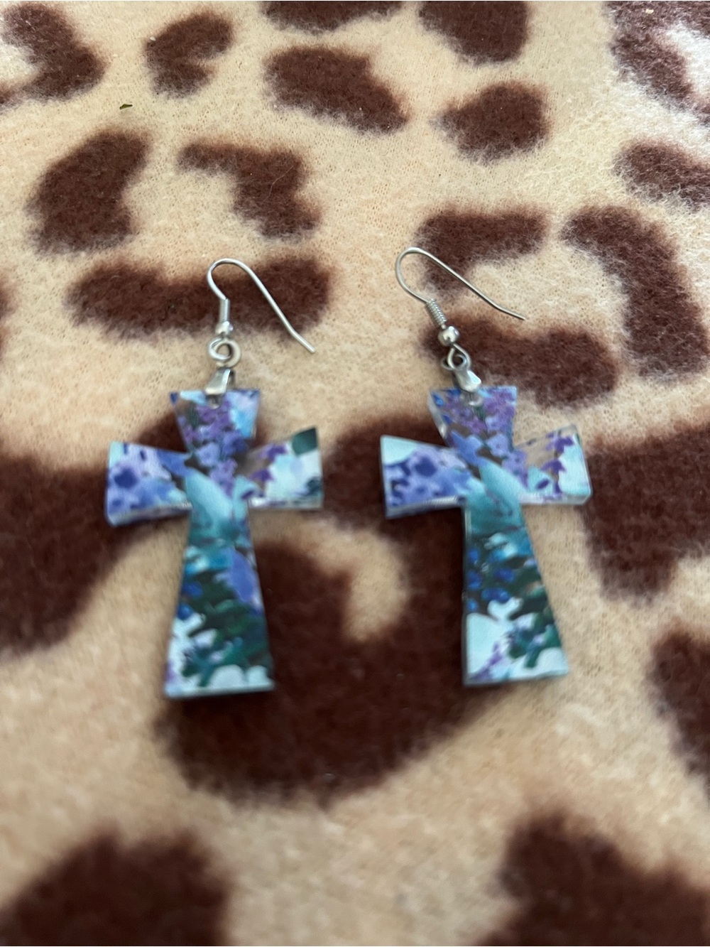 Purple Floral Cross Dangle Earrings for Women